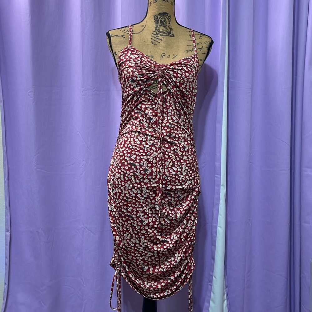 Red Floral Ruched Dress